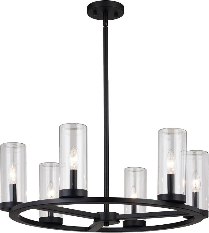 VAXCEL Grantley 6 Light Matte Black Wheel Chandelier Fixture Clear Glass Shade, LED Compatible, Damp Rated