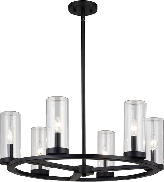 VAXCEL Grantley 6 Light Matte Black Wheel Chandelier Fixture Clear Glass Shade, LED Compatible, Damp Rated