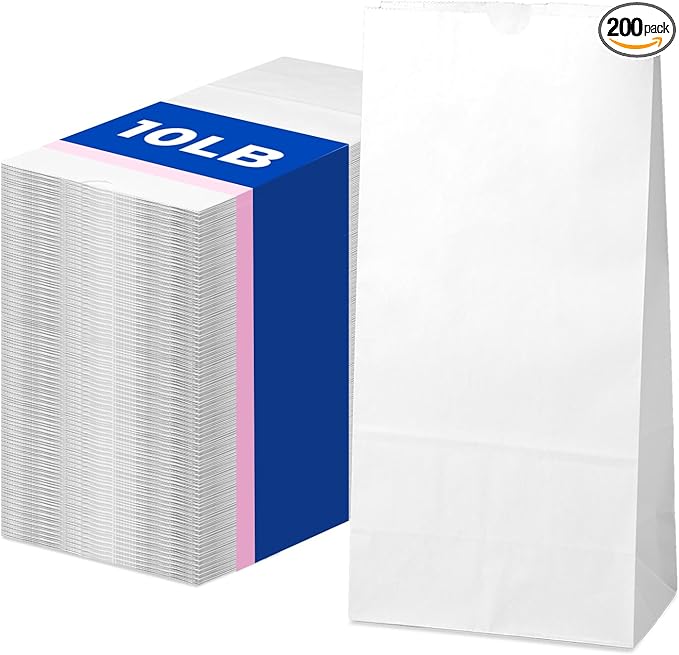 Fit Meal Prep 200 Pack 10 lb White Paper Lunch Bags, 13.2 x 6.3 x 4" Premium White Paper Bags Bulk for Small Business, RecyclableSnack Sacks, Durable Grocery Bag for Food Storage, Packing