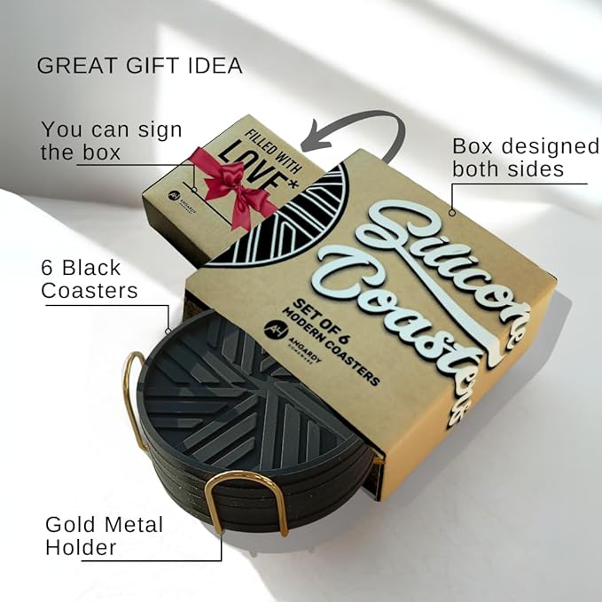 Silicone Coasters Set of 6 with Gold Holder - Smart and Modern Design That Holds Your Drink’s Condensation Protect Your Coffee Table, Decor for Home, Office, bar, Kitchen - Black
