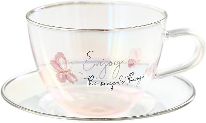 Pavilion Gift Company - Enjoy The Simple Things - 7-ounce Glass Teacup with Saucer Set, Iridescent Coffee Cup, Butterfly Teacup, 1 Count - Pack of 2