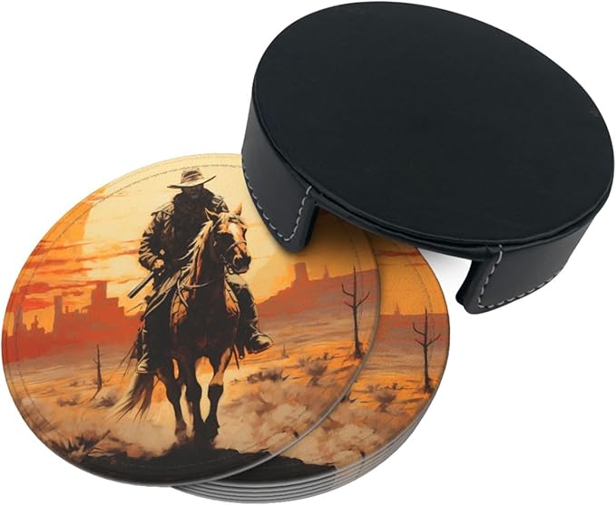 Famame 6 Pcs West Desert Cowboy Sunset Leather Coasters for Drinks with Holder Coaster Sets Drink Table Cup Coasters for Living Room Kitchen Coffee Decor