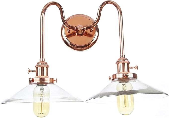 Wall Lamps with Switch, 2-Lights Rose Gold Bathroom Vanity Lights Wall Mounted Lighting Clear Glass Lampshade Wall Sconces(Color:F)