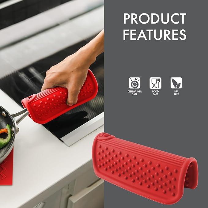 Dexas Silicone Pot Handle Holder, Heat Resistant Non Slip Grip for Hot Cookware Handles, Dishwasher Safe Kitchen Accessory, Red