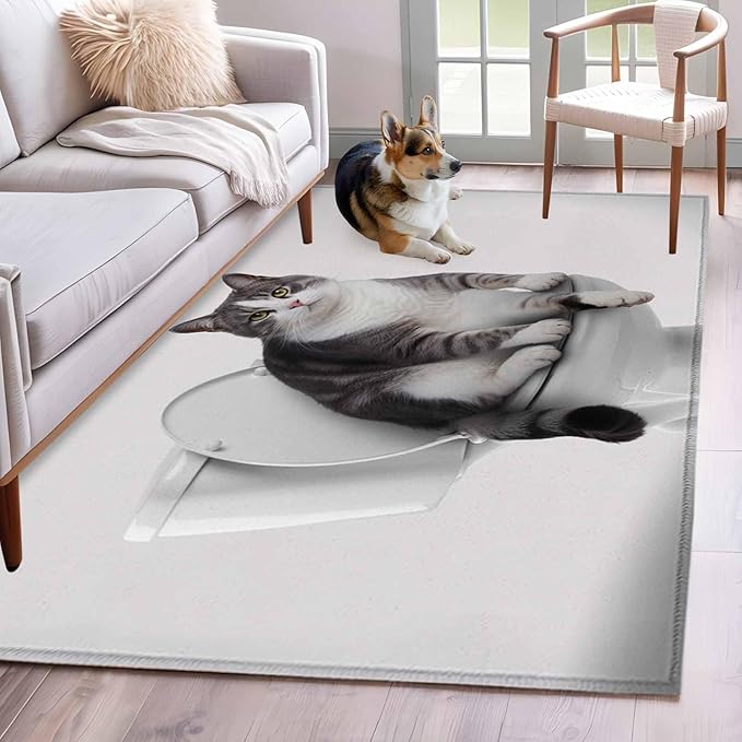 Area Rug 3x5ft, Cute Funny Cat on The Toilet Washable Rugs for Living Room Bedroom, Animal Grey Art Soft Non-Slip Area Rugs Rectangle Floor Carpet for Dining Room