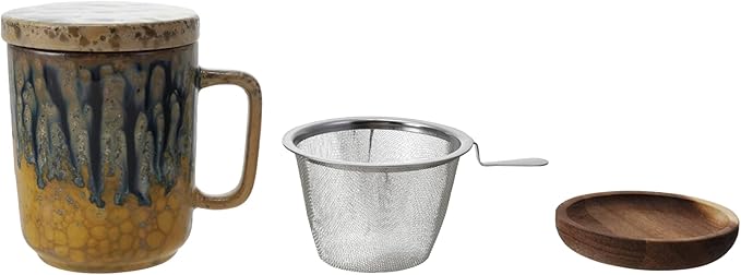 Creative Co-Op 3-Piece Stoneware Mug with Strainer, Lid and Saucer, Multicolor