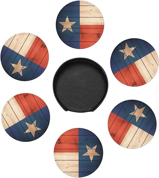 Wood Texas Flag Leather Drinks Coasters with Holder, Set of 6, Suitable for Various Cups