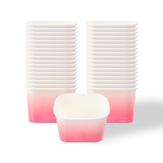 Restaurantware Paper Cups 50 Count 12 Ounce Square Disposable Ice Cream Containers, Leak-Resistant Paper Dessert To Go Cups, Hot And Cold Food, Durable Pink And White Ombre Design