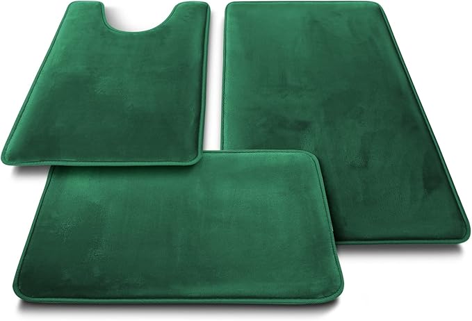 Clara Clark 3 Piece Bathroom Rugs Bath Mat Set, Velvet Memory Foam Bath Mats for Bathroom - Non-Slip, PVC Backing Bath Rugs, Washable - Dries Quickly, Green