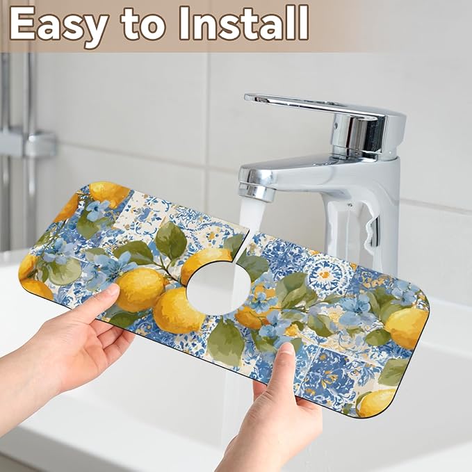 Lemon Sink Faucet Absorbing Mat, Blue Flower Kitchen Faucet Pad, Fresh Sink Splash Guard, for Bathroom Kitchen Sink Faucet Mat Drying Mat 15.4"x5.7", Home Decoration Present