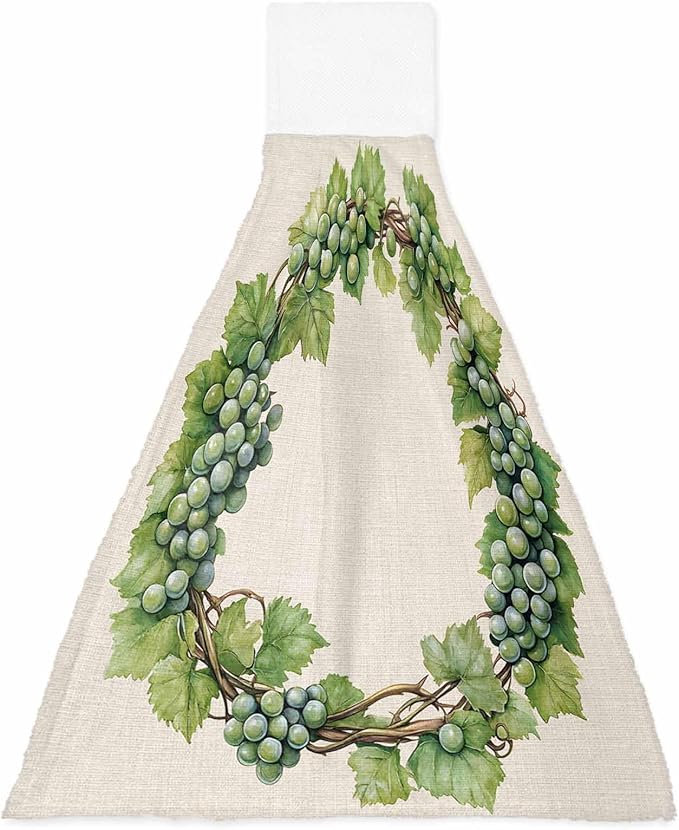 Alandar Home Kitchen Tie Towel Set of 1, Spring Green Grapes Vine on Beige Linen Absorbent Soft Hand Towels for Bathroom Hanging Towels, Pastoral Botanical Fast Drying Cleaning Cloth with Loop