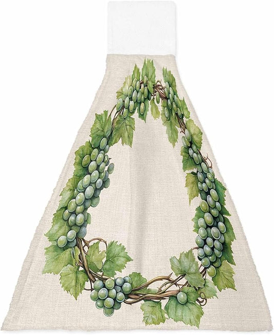 Alandar Home Kitchen Tie Towel Set of 1, Spring Green Grapes Vine on Beige Linen Absorbent Soft Hand Towels for Bathroom Hanging Towels, Pastoral Botanical Fast Drying Cleaning Cloth with Loop