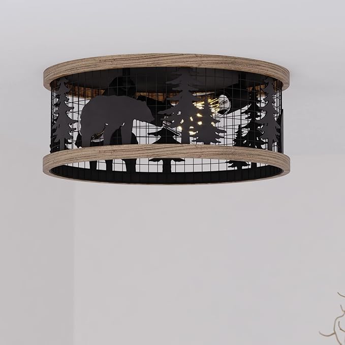 VAXCEL Kodiak 12 Inch Rustic Flush Mount Ceiling Light, Bear and Tree Motif, Dimmable Indoor Outdoor Lighting, Black and Burnished Teak Finish