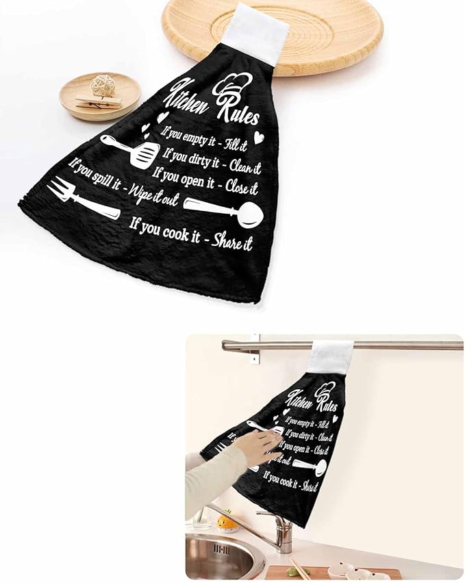 Alandar Home Kitchen Tie Towel Set of 1, Kitchen Rules Black and White Absorbent Soft Hand Towels for Bathroom Hanging Towels, Kitchens Utensils Appliances Fast Drying Cleaning Cloth with Loop
