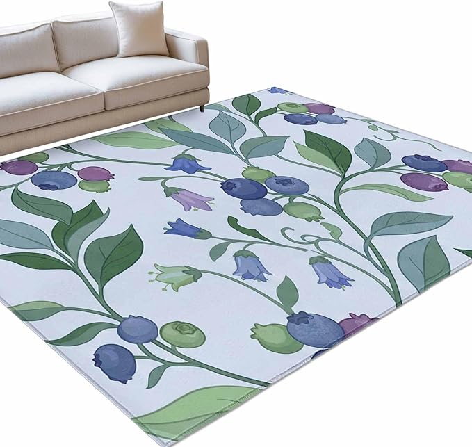 Area Rug 3x5ft, Blueberries Bell Flowers Washable Rugs for Living Room Bedroom, Modern Watercolor Plants Soft Non-Slip Area Rugs Rectangle Floor Carpet for Dining Room