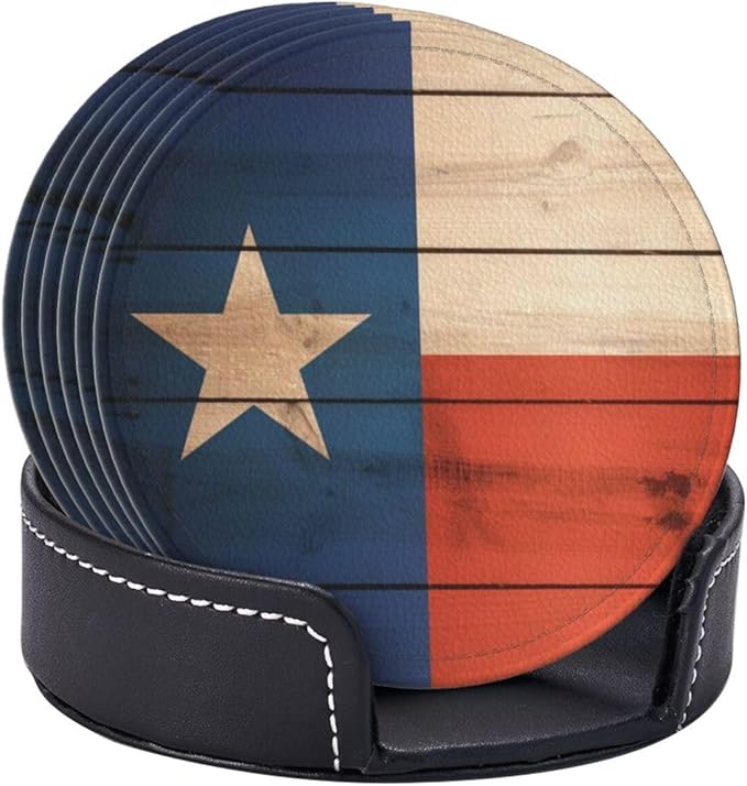 Wood Texas Flag Leather Drinks Coasters with Holder, Set of 6, Suitable for Various Cups