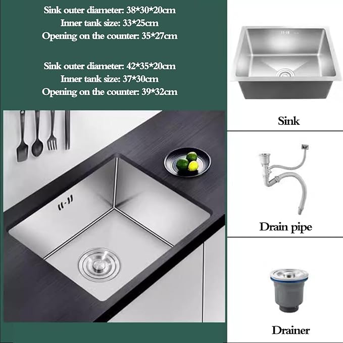 Single Bowl Stainless Steel RV Kitchen Sink Space-Saving Small Siphon Sink for Small Apartments Bars Undermount Utility Sink Above Below Counter Water Pool (Silver 42X35X20cm)