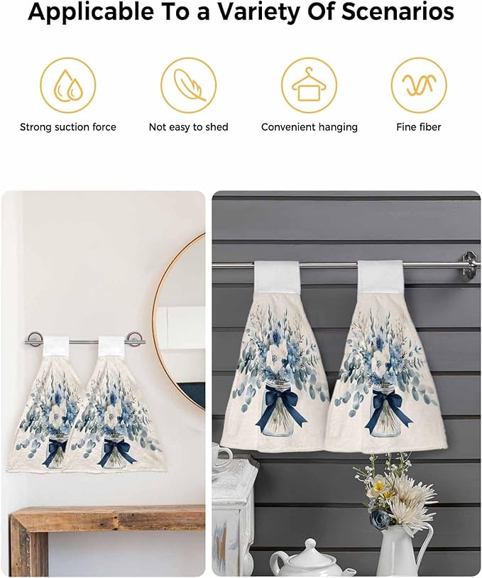 Alandar Home Kitchen Tie Towel Set of 1, Blue Eucalyptus Leaves Vase on Linen Absorbent Soft Hand Towels for Bathroom Hanging Towels, Spring Flower Leaf Fast Drying Cleaning Cloth with Loop