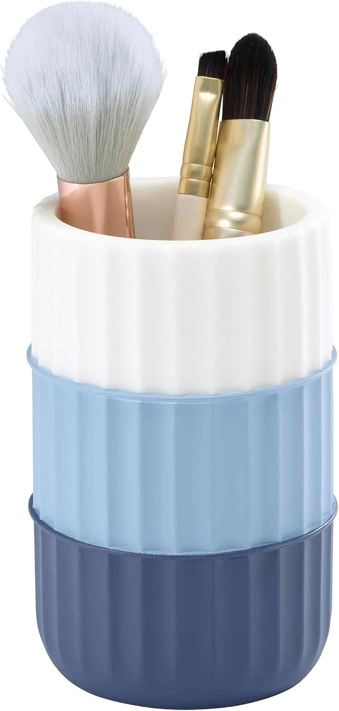 Izod - Bathroom Set, 4pc Countertop Accessories, Tumbler, Toothbrush Holder, Soap Dish & Lotion Pump, Striped Resin Decor, Dorm Room Essentials (Clubhouse Collection, Blue)