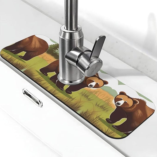 Brown Bear Walking Printed Faucet Absorbent mat, Suitable for bathrooms, Kitchens, and Other Sink Areas.