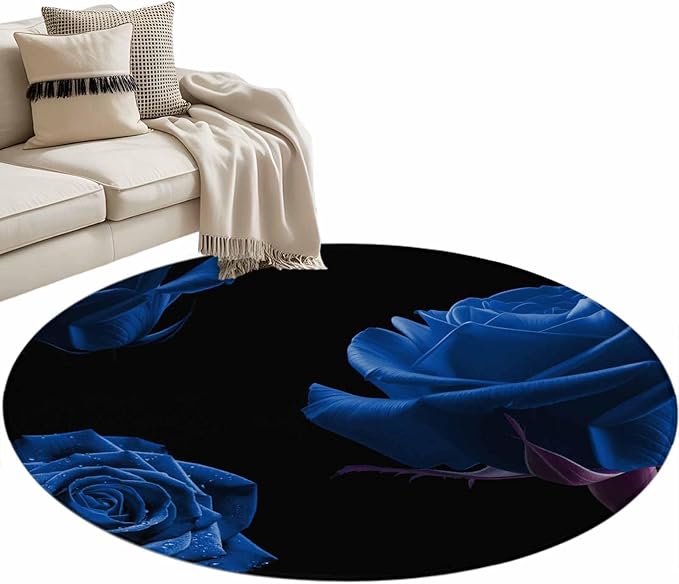 Washable Round Area Rug Abstract Garden Blue Rose Circle Rugs Floor Carpet for Living Room Bedroom, Classic Country Floral Soft Non Slip Round Rug 3ft