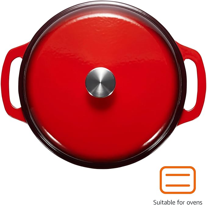 Amazon Basics Enameled Cast Iron Dutch Oven Pot with Lid, Round, Dual Handles, Heavy-Duty, Oven Safe for Stews, Roasting, Baking, 6-Quart, Red