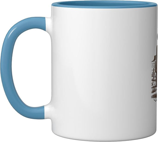 Retro Cowboy Cat UFO Desert Western Feline Art Ceramic Mug, Blue/White