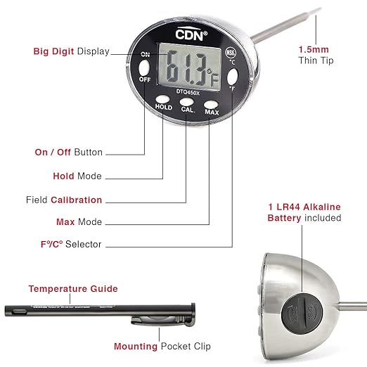 CDN Waterproof Digital Thermometer Long 4.75" Stem, NSF Certified, Ideal for for Bread Baking, Cooking, Brewing - DTQ450X