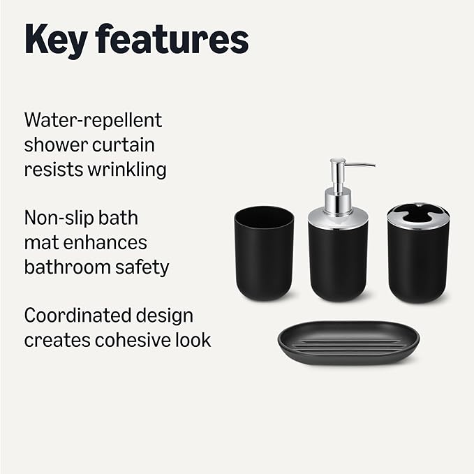 Amazon Basics Complete 18-Piece Bathroom Set with Shower Curtain, Bath Mat and Accessories, 72 x 72 inch, White