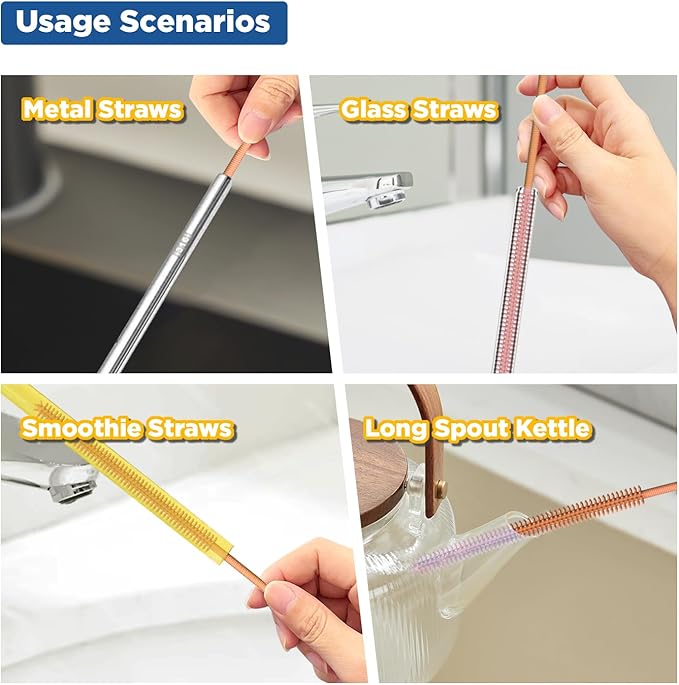 YOTIME Silicone Straw Cleaner Brush, 2Pcs Reusable Straw Brush Extra Long for Cleaning Tumbler with Handle and Glass Metal Smoothie Straws, Non-slip Handle Soft and Bendable, 6mm+9mm, Orange