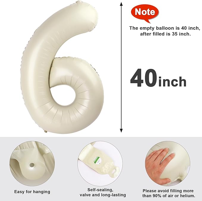 Number 6 Balloon 40 Inch, 6th Birthday Balloon for Boy Girl, Beige 16 60 61 65 Numbers Balloons Birthday Party Wedding Events Decorations