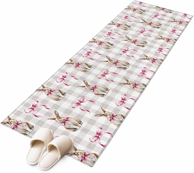 Runner Rug for Bedroom Hallway, Easter Rabbit Pink Bow Kitchen Runner Rugs Area Rug 2x6ft, Seamless Bunny Gray Buffalo Plaid Washable Soft Floor Carpet for Entryway Stair