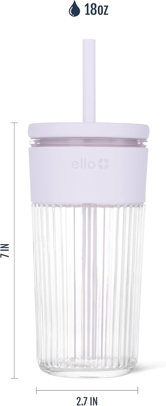 Ello Ava 18oz Glass Tumbler with Straw and Lid | Premium Ribbed Glass with Silicone Grip, Car Cup Friendly, Dishwasher Safe, BPA Free | Iced Coffee, Water, Matcha, Juice Cup | Sugarplum
