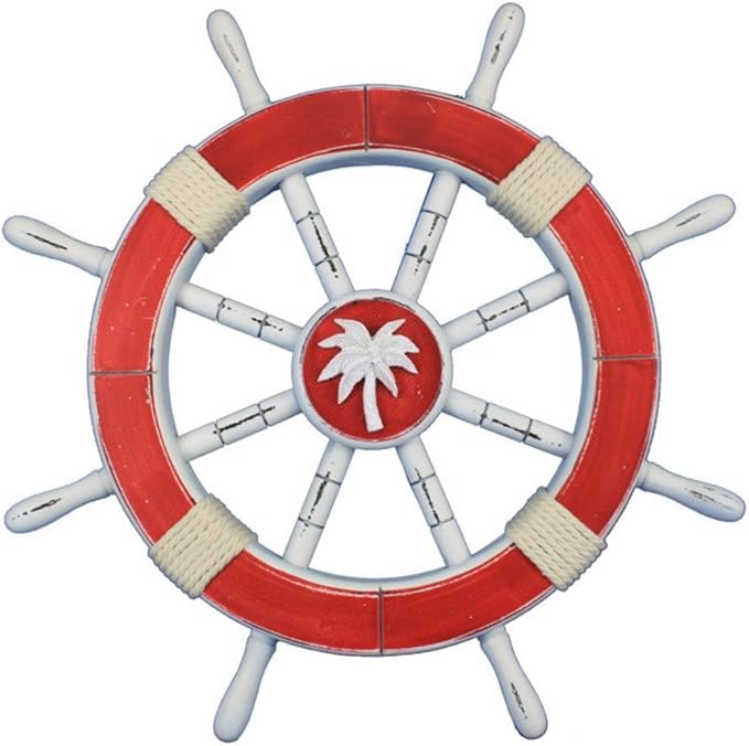 Handcrafted Model Ships Rustic Red Ship Wheel with Palm Tree 18" - Nautical Ship Wheel