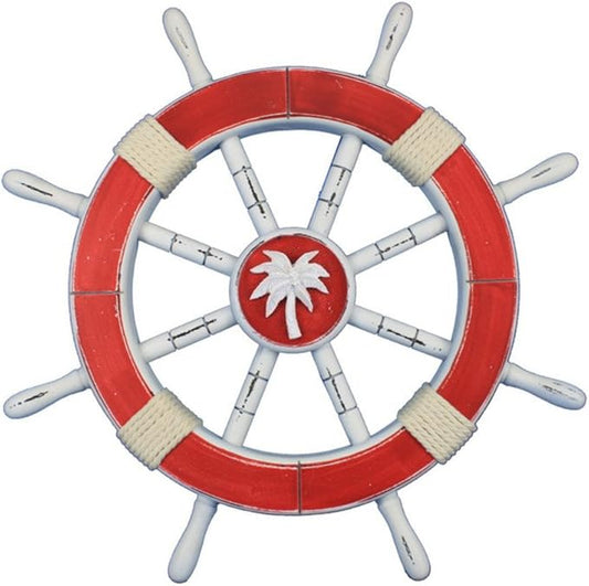 Handcrafted Model Ships Rustic Red Ship Wheel with Palm Tree 18" - Nautical Ship Wheel