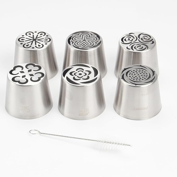 Extra Large Russian Piping Tip Set - 6 Stainless Steel Marshmallow Buttercream Framing Nozzles for 3D Roses Tulip Cake Decorations and Marshmallow Bouquets, Includes 1 Cleaning Brush(6E)