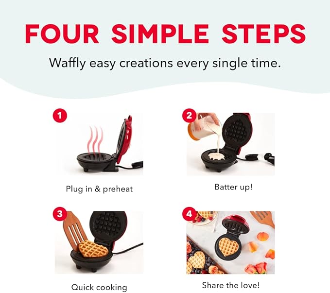 Dash Mini Waffle Maker- Mini Machine for Creative Homemade Treats - Nonstick Iron with Unique Print Design - Stylish Waffle Machine - Red Heart
