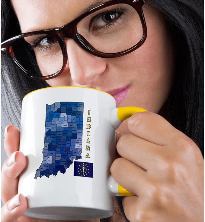 3dRose Flag and county map the state of Indiana. Counties labeled, colored 11oz Two-Tone Yellow Mug