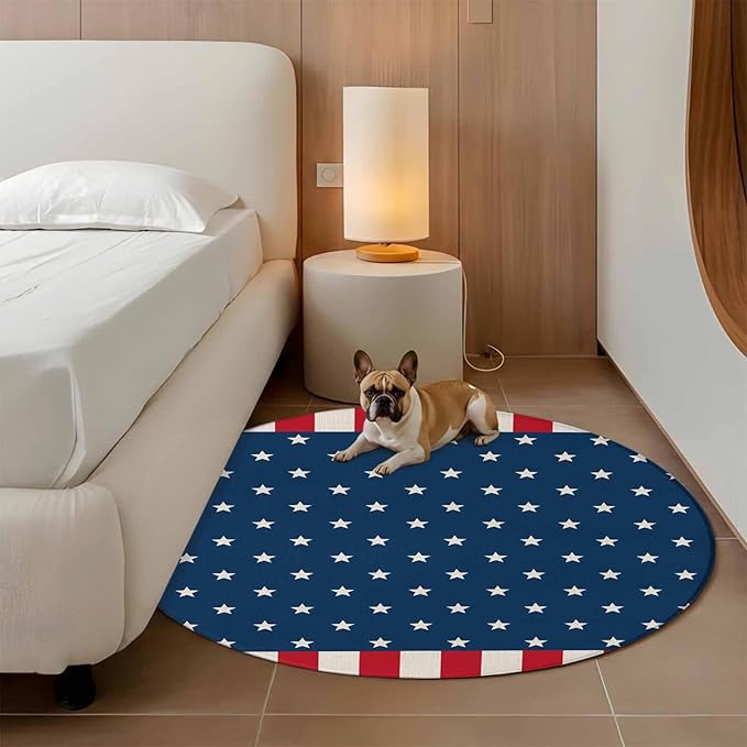 Washable Round Area Rug American Independence Day Circle Rugs Floor Carpet for Living Room Bedroom, USA Stars on Blue Red White Border Soft Non Slip Round Rug 4ft