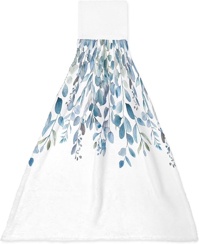 Alandar Home Kitchen Tie Towel Set of 1, Pastoral Blue Eucalyptus Leaves Absorbent Soft Hand Towels for Bathroom Hanging Towels, Idyllic Botanical on White Fast Drying Cleaning Cloth with Loop