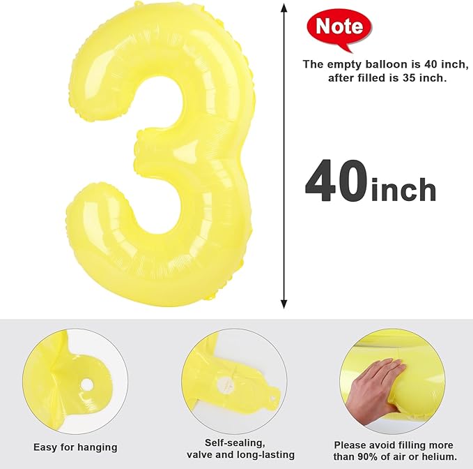 Numbers Balloon 3, 40 Inch Large Yellow Balloon for Three Year Old Birthday Decor, 3 13 30 31 Birthday Party Decorations for Wedding Supplies