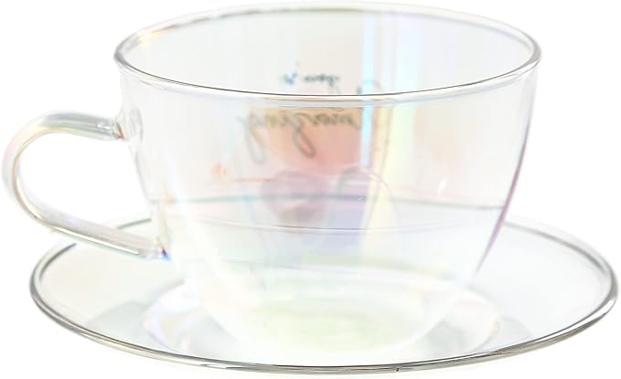 Pavilion Gift Company - You’re Amazing - 7-ounce Glass Teacup with Saucer Set, Iridescent Coffee Cup, Floral Pattern Teacup, Valentine's Day Gift Ideas For Friend, Girlfriend Mug, 1 Count - Pack of 2