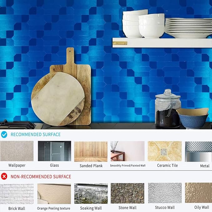 XUANINY 7-Sheet Peel and Stick Metal Backsplash Tiles, Self Adhesive Multiple-Shapes Aluminum Mosaic 3D Wall Sticker for Kitchen Bathroom Decor (7, Brushed Blue)