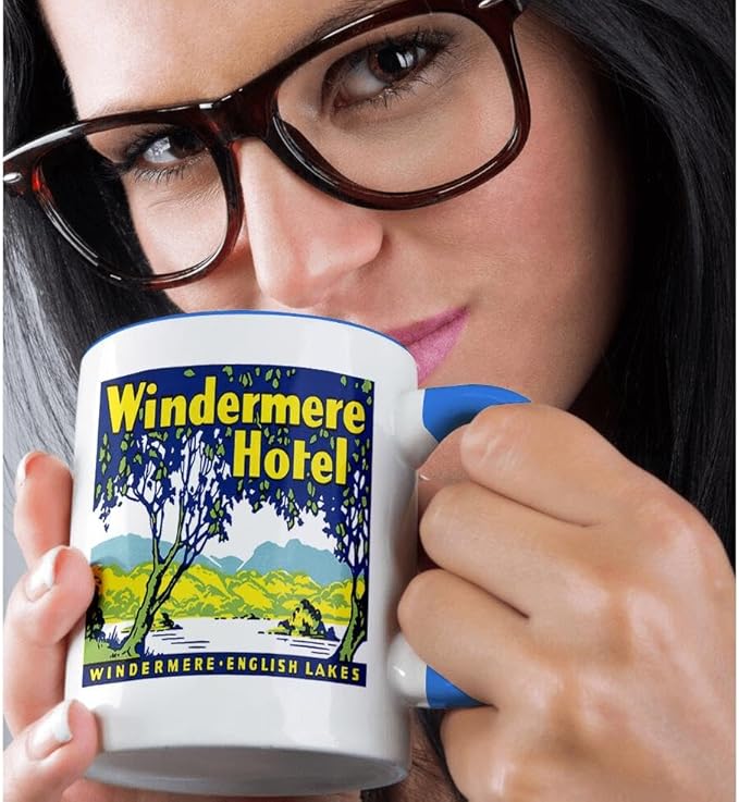 3dRose Vintage Windermere Hotel English Lakes Luggage Label 11oz Two-Tone Blue Mug