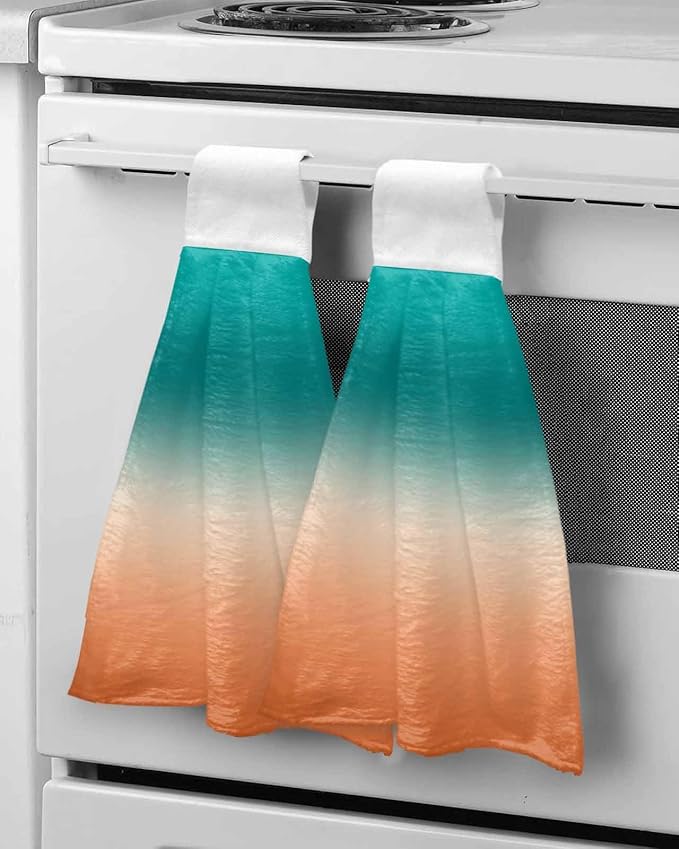Alandar Home Kitchen Tie Towel Set of 2, Turquoise Orange Gradient Absorbent Soft Hand Towels for Bathroom Hanging Towels, Watercolor Stripes Ombre Fast Drying Cleaning Cloth with Loop