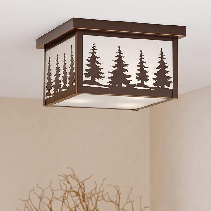 VAXCEL Yosemite 11.5 inch Rustic Tree Flush Mount Ceiling Light, Burnished Bronze, White Tiffany Glass, E26 Bulb Compatible, Dimmable, Indoor Outdoor Use, Damp Rated