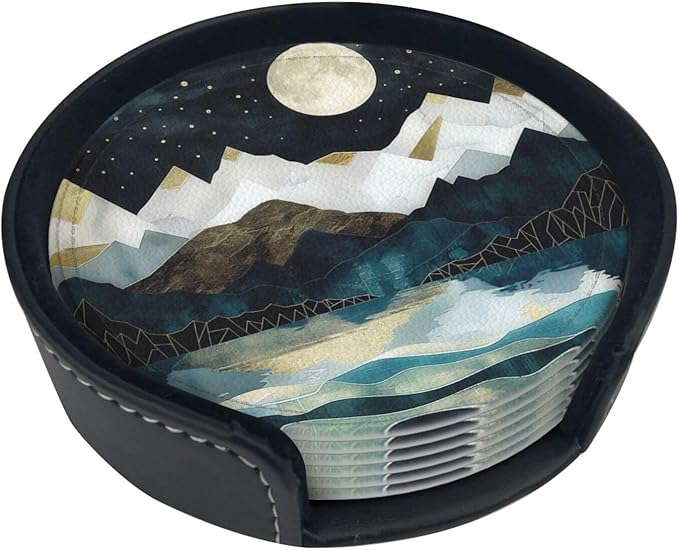 Mountain Sunset Leather Drinks Coasters with Holder Set of 6, Suitable for Kinds of Cups