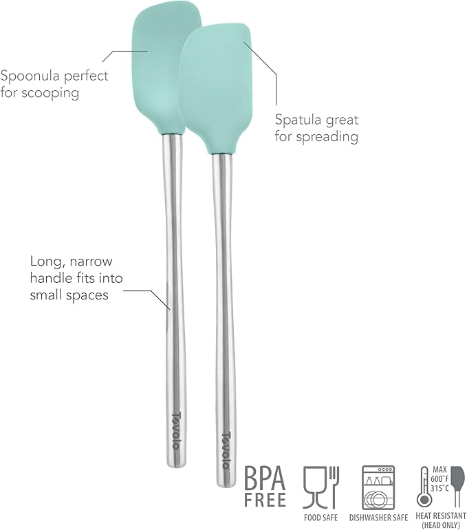 Tovolo Flex Core Silicone Spatula Spoonula Set of 2 for Non Stick Cast Iron Cooking & Baking, Dishwasher Safe Heat Resistant BPA Free Long Stainless Steel Handle Kitchen Utensil, Aqua Seafoam Green