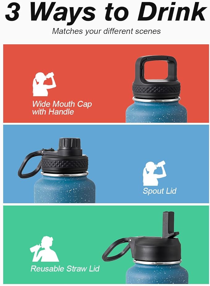 Coolflask Water Bottle 32 oz Insulated with Straw, Stainless Steel Metal 3 Lids Water Flask Wide Mouth for Sports or Office, Non-BPA Keep Cold Up to 48 Hrs or Hot Up to 24 Hrs, Turquoise