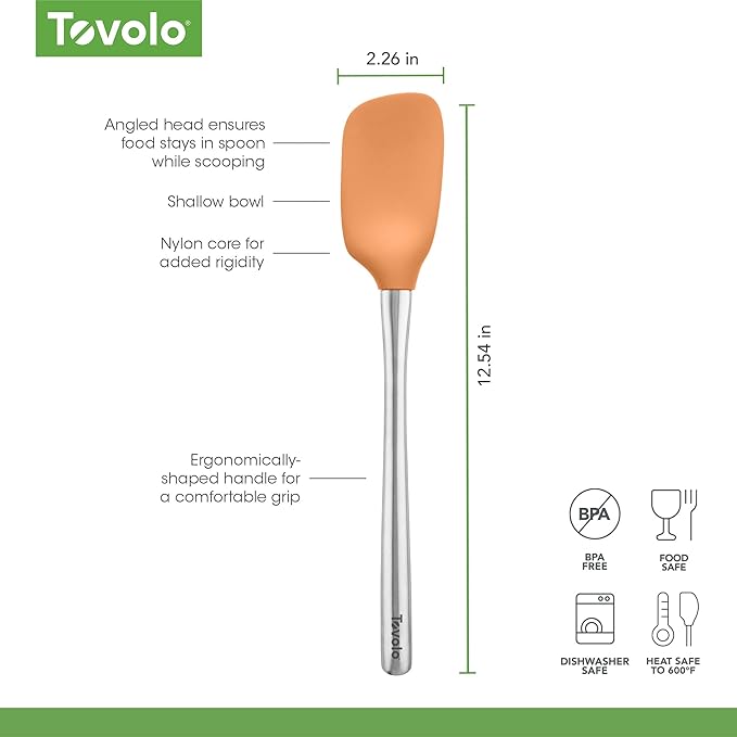 Tovolo Spoon Spatula Spoonula with Stainless Steel Handle Ergonomic Grip Apricot Orange, Silicone Scoopula Kitchen Utensil Non Scratch Easy Clean Dishwasher Safe Heat Resistant Scoop Spatula